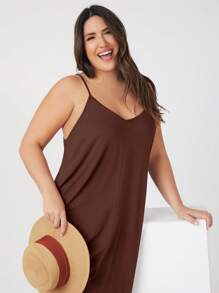 SHEIN BASICS Plus Solid Cami Dress - Chocolate Brown - View 5