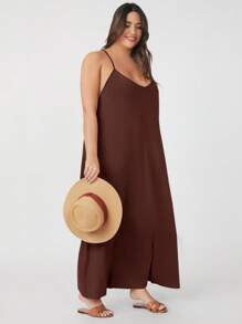 SHEIN BASICS Plus Solid Cami Dress - Chocolate Brown - View 6