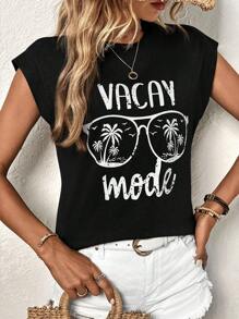 SHEIN VCAY Áo thun nữ Lá thư Nhiệt đới Giải trí - màu đen - Xem 3