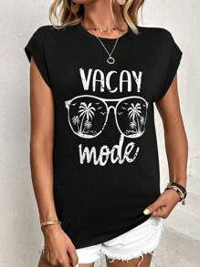 SHEIN VCAY Áo thun nữ Lá thư Nhiệt đới Giải trí - màu đen - Xem 4