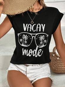 SHEIN VCAY Áo thun nữ Lá thư Nhiệt đới Giải trí - màu đen - Xem 5