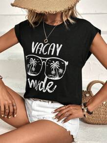 SHEIN VCAY Áo thun nữ Lá thư Nhiệt đới Giải trí - màu đen - Xem 6