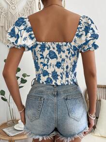 SHEIN VCAY Floral Print Sweetheart Neck Puff Sleeve Blouse - Blue and White - View 2