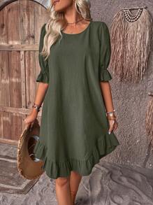 SHEIN LUNE Vestido de bata sólido manga de encampanada bainha com babado - Verde Militar - Visão 1