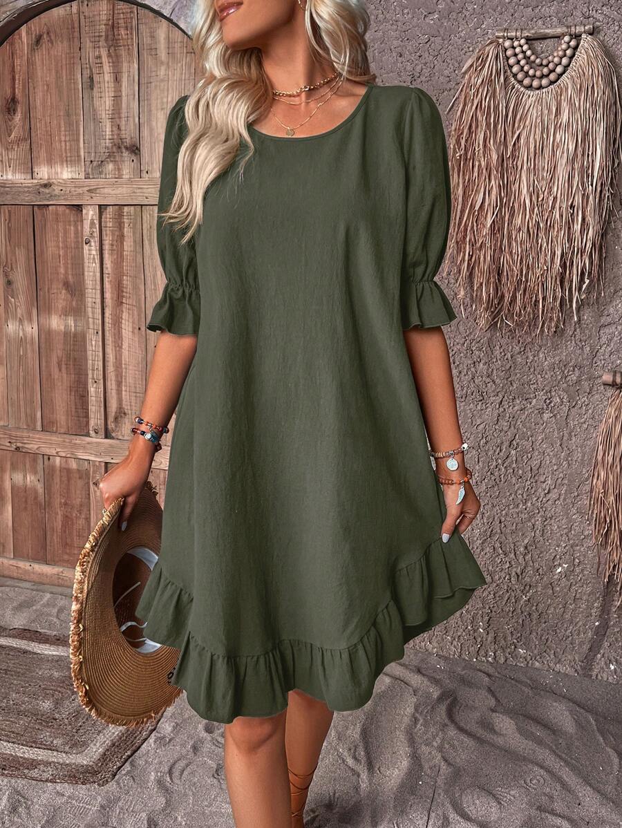 SHEIN LUNE Vestido de bata sólido manga de encampanada bainha com babado - Verde Militar - Visão 1
