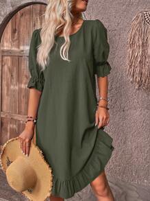 SHEIN LUNE Vestido de bata sólido manga de encampanada bainha com babado - Verde Militar - Visão 3