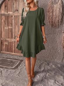 SHEIN LUNE Vestido de bata sólido manga de encampanada bainha com babado - Verde Militar - Visão 4