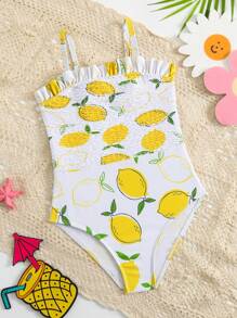 小女孩熱帶水果印花圖案和平行縐縫細節連體泳衣 - 彩色 - 查看 1