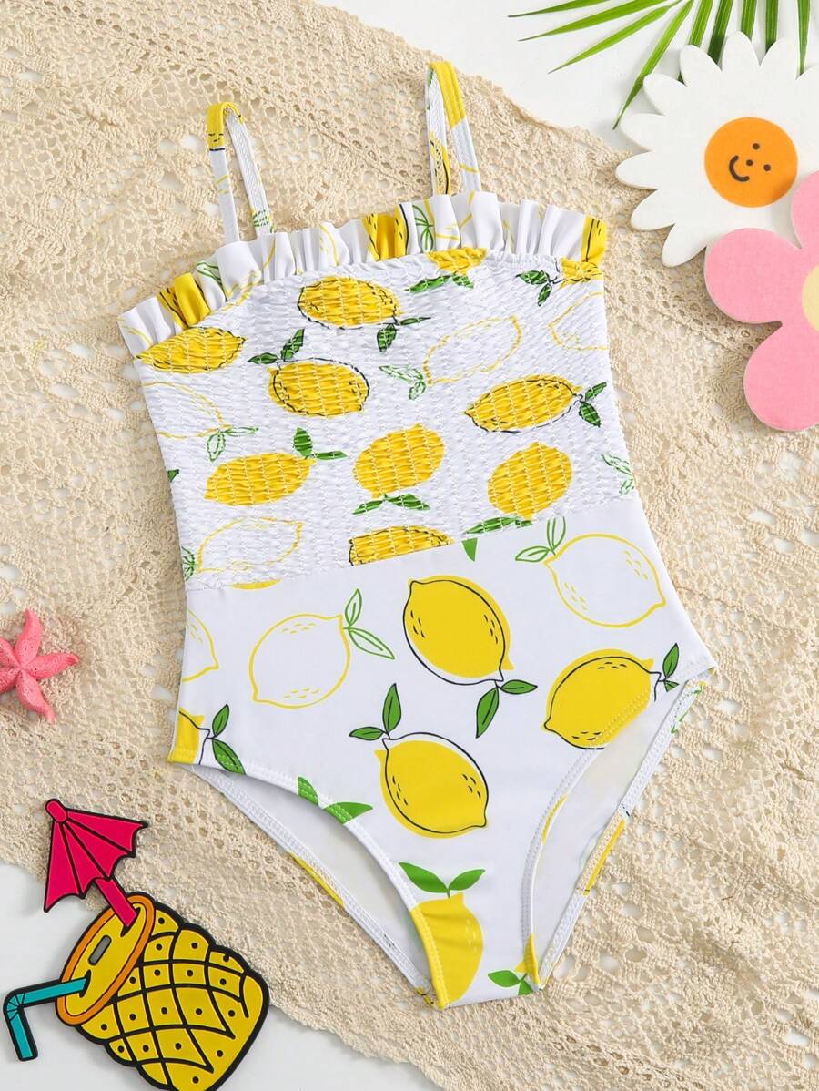 小女孩熱帶水果印花圖案和平行縐縫細節連體泳衣 - 彩色 - 查看 1