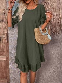 SHEIN LUNE Vestido de bata sólido manga de encampanada bainha com babado - Verde Militar - Visão 5