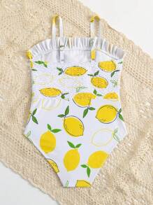 小女孩熱帶水果印花圖案和平行縐縫細節連體泳衣 - 彩色 - 查看 2