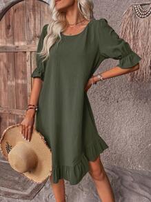 SHEIN LUNE Vestido de bata sólido manga de encampanada bainha com babado - Verde Militar - Visão 6