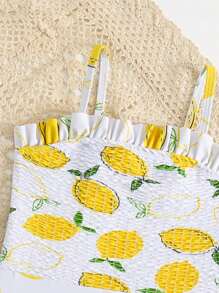 小女孩熱帶水果印花圖案和平行縐縫細節連體泳衣 - 彩色 - 查看 3