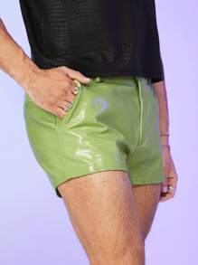FeverCity Men Solid PU Leather Shorts - Lime Green - View 2