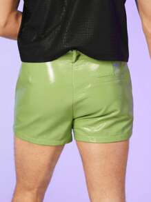 FeverCity Men Solid PU Leather Shorts - Lime Green - View 3