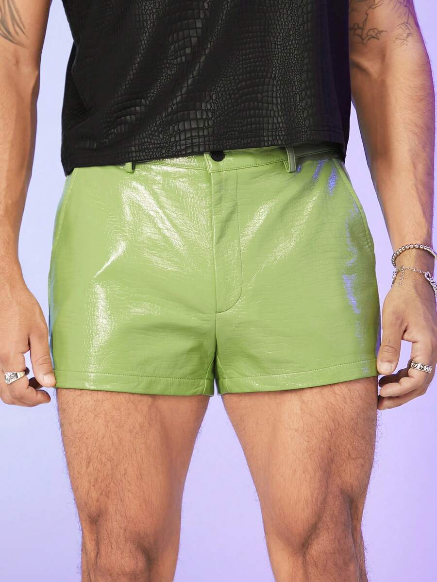 FeverCity Men Solid PU Leather Shorts - Lime Green - View 1