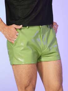 FeverCity Men Solid PU Leather Shorts - Lime Green - View 6