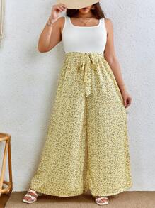 SHEIN VCAY Mono de pierna ancha con estampado floral con cinturón - Multicolor - Ver 1