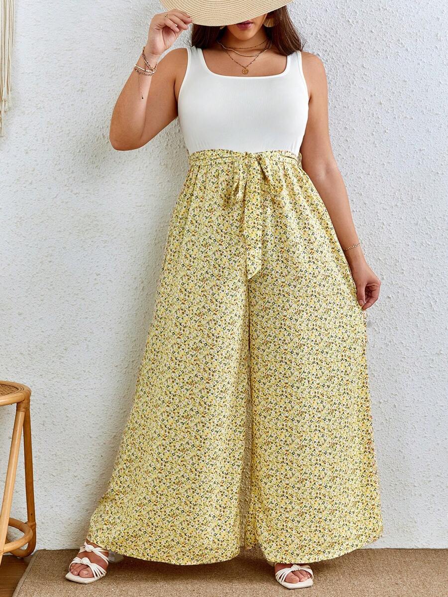 SHEIN VCAY Mono de pierna ancha con estampado floral con cinturón - Multicolor - Ver 1