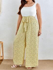 SHEIN VCAY Mono de pierna ancha con estampado floral con cinturón - Multicolor - Ver 4