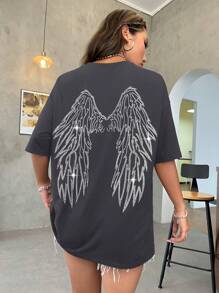 SHEIN Unity Áo thun nữ Pha lê kim cương Đồ họa Giải trí - Xám - Xem 1