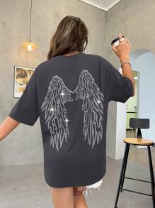 SHEIN Unity Áo thun nữ Pha lê kim cương Đồ họa Giải trí - Xám - Xem 2