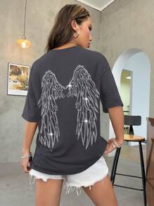 SHEIN Unity Áo thun nữ Pha lê kim cương Đồ họa Giải trí - Xám - Xem 3