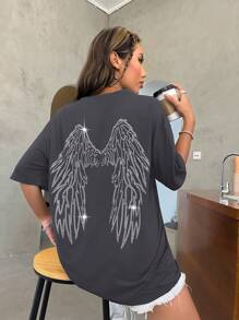 SHEIN Unity Áo thun nữ Pha lê kim cương Đồ họa Giải trí - Xám - Xem 4