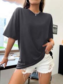 SHEIN Unity Áo thun nữ Pha lê kim cương Đồ họa Giải trí - Xám - Xem 5