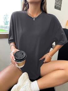 SHEIN Unity Áo thun nữ Pha lê kim cương Đồ họa Giải trí - Xám - Xem 6