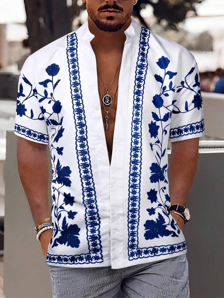 Manfinity RSRT 男士花卉印花鈕扣前衣 - 白色 - 查看 1