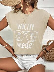 SHEIN LUNE Coconut Tree & Letter Graphic Batwing Sleeve Tee - Apricot - View 1