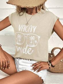 SHEIN LUNE Coconut Tree & Letter Graphic Batwing Sleeve Tee - Apricot - View 3