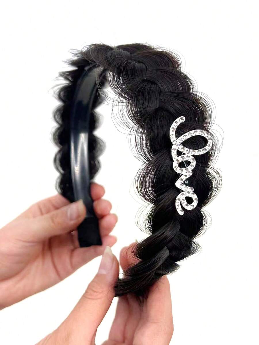 水鑽裝飾編織黑色5英寸短合成纖維頭髮髮箍 - 黑色 - 查看 1
