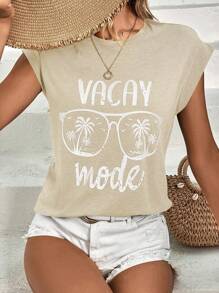 SHEIN LUNE Coconut Tree & Letter Graphic Batwing Sleeve Tee - Apricot - View 4
