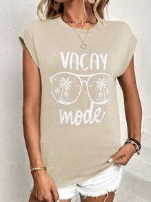 SHEIN LUNE Coconut Tree & Letter Graphic Batwing Sleeve Tee - Apricot - View 5