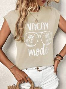 SHEIN LUNE Coconut Tree & Letter Graphic Batwing Sleeve Tee - Apricot - View 6