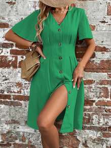SHEIN LUNE Đầm Uốn nếp Nút phía trước màu trơn Giải trí - màu xanh lá - Xem 2