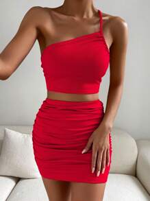 SHEIN Privé 單肩短款上衣和褶邊包臀半身裙 - 紅色 - 查看 1