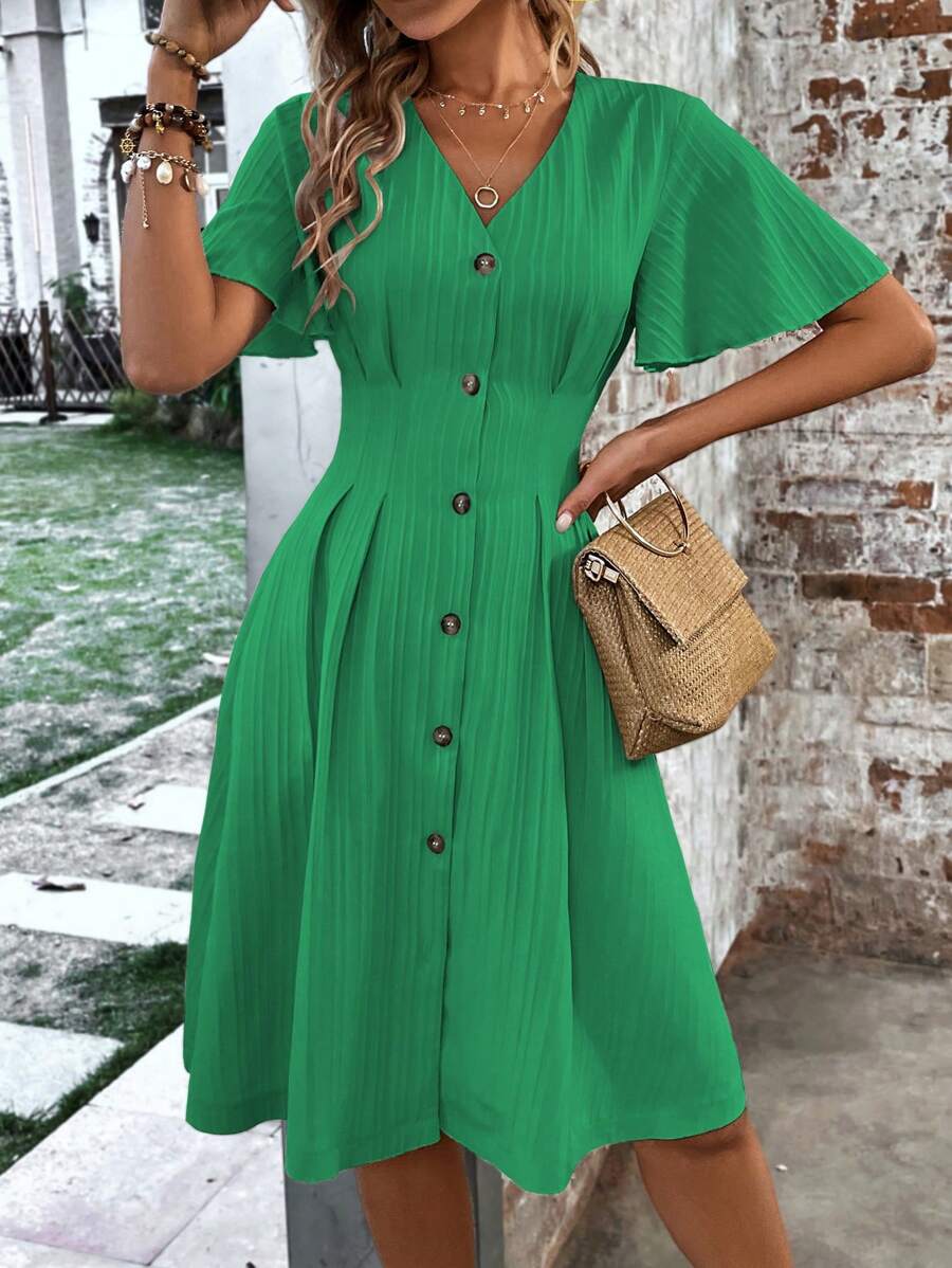 SHEIN LUNE Đầm Uốn nếp Nút phía trước màu trơn Giải trí - màu xanh lá - Xem 1