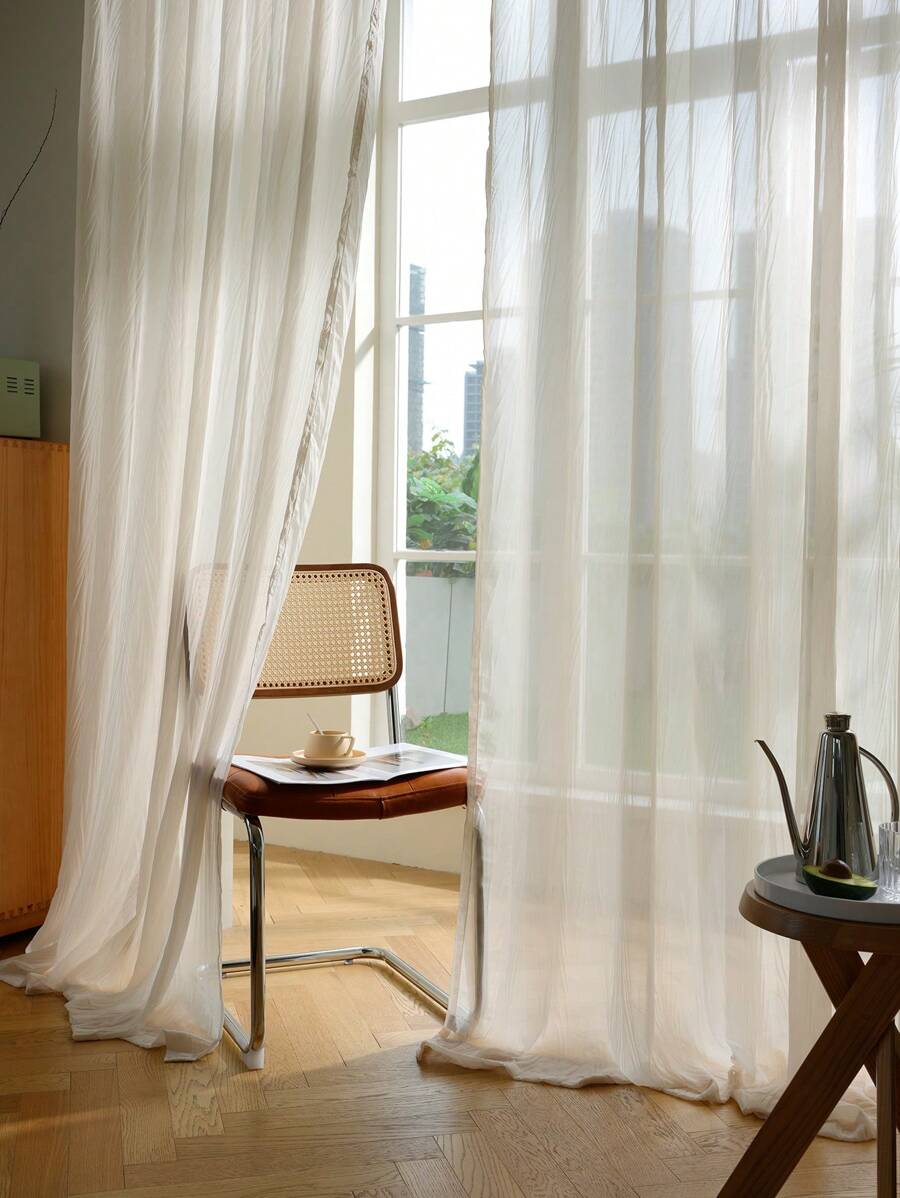 Solid Color Single Sheer Panel Curtain, Modern Polyester Light Filtering Privacy Sheer Curtain For Living Room And Bedroom - Beige - View 1