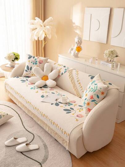 1pc Flower Pattern Sofa Towel, Minimalist Polyester Anti-slip Sofa Cover Blanket For Living Room