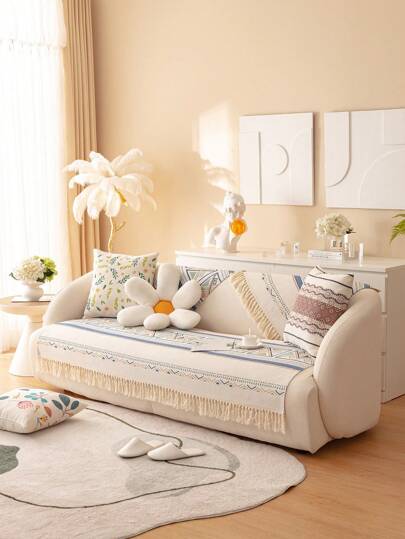 1pc Geometric Pattern Tassel Decor Sofa Towel, Modern Polyester Anti-slip Sofa Cover Blanket For Living Room