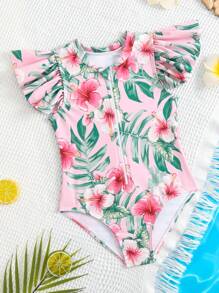 Young Girl One Piece Zipper Swimsuit With Tropical Flower Print And Ruffle Detail - Multicolor - View 1