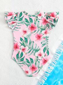 Young Girl One Piece Zipper Swimsuit With Tropical Flower Print And Ruffle Detail - Multicolor - View 2