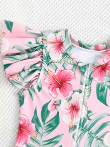 Young Girl One Piece Zipper Swimsuit With Tropical Flower Print And Ruffle Detail - Multicolor - View 3