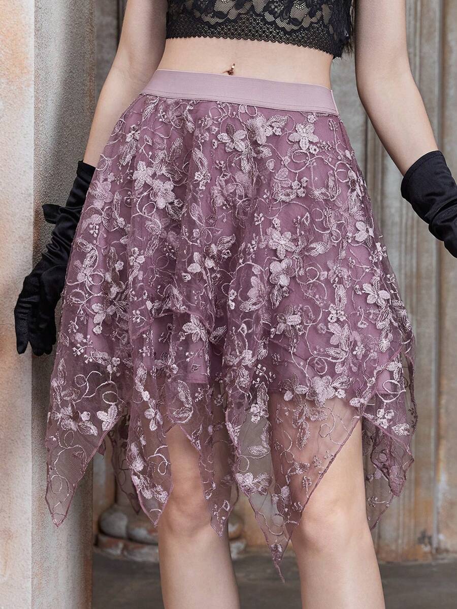 ROMWE Goth Váy nữ Bất đối xứng Thêu Hoa Boho - Màu tím - Xem 1
