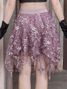 ROMWE Goth Váy nữ Bất đối xứng Thêu Hoa Boho - Màu tím - Xem 2