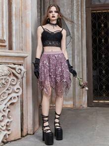 ROMWE Goth Váy nữ Bất đối xứng Thêu Hoa Boho - Màu tím - Xem 3