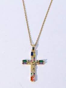 方晶鋯石十字架吊飾項鍊 - 金黃色 - 查看 1